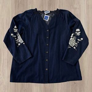 The Skyline Collection Button Down Blouse with Embroidered Sleeve Accents